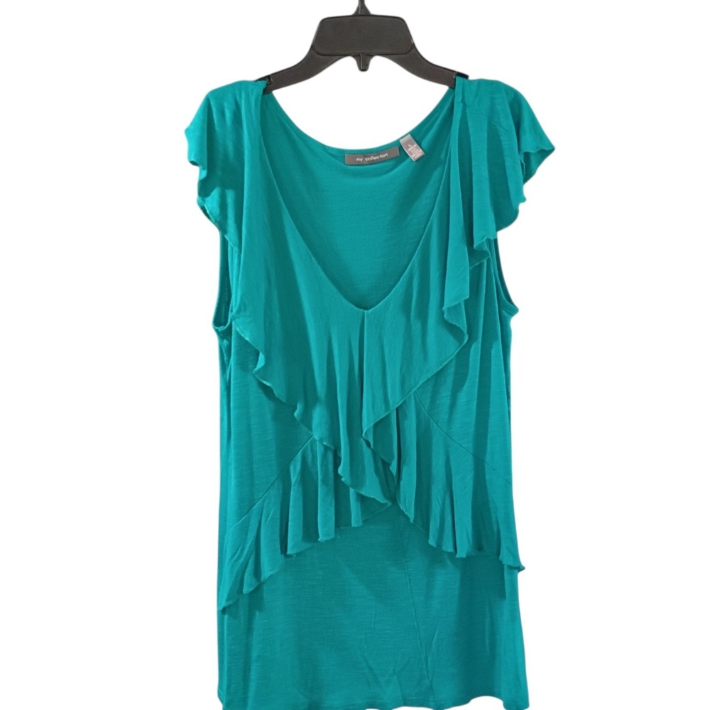 NY‎ Collection Women's Teal V-neck Ruffles  Lightweight Blouse Top Size Large